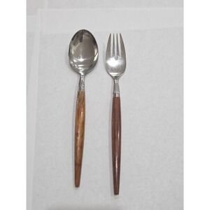 Vintage Dutch Holland MCM Stainless Holland Spoon and Fork Set Teak‎ Wood Handle
